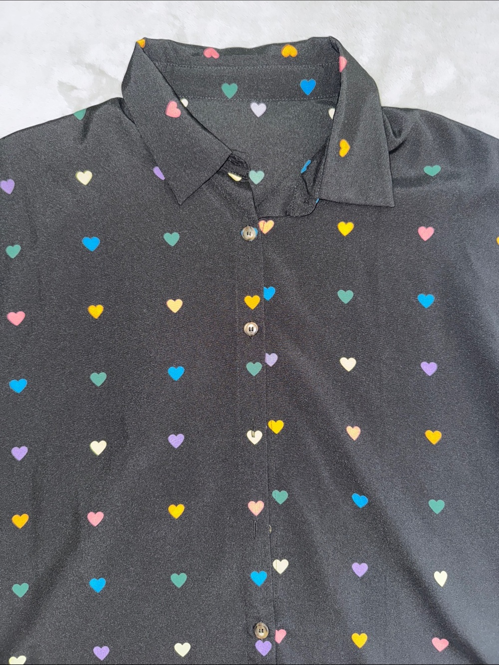 SHEIN Black Button-Down Blouse with Multicolor Heart Print